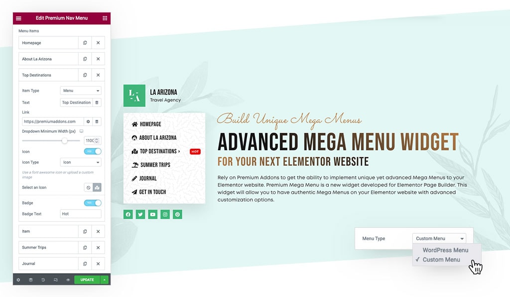 Build Mega Menu in Elementor Page Page using Premium Mega Menu widget