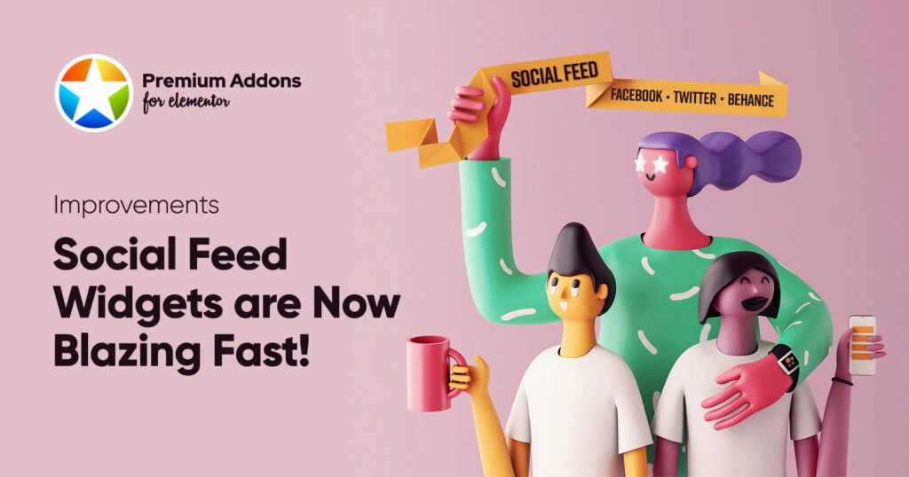 Cheering animated characters celebrating the new update for Facebook and Behance Feed Widget on Premium Addons.