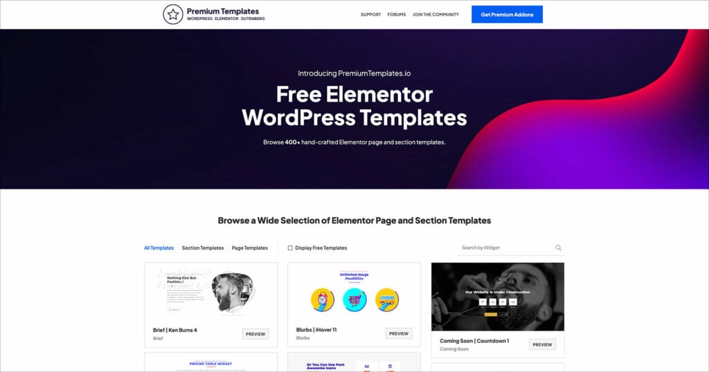 Browse Page and Section Templates Using PremiumTemplates.io
